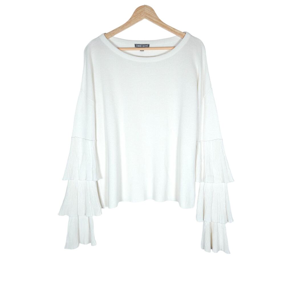 Fred and Sibel Sweater Small White Tired Long Sleeves Ribbed Knit Pullover Top